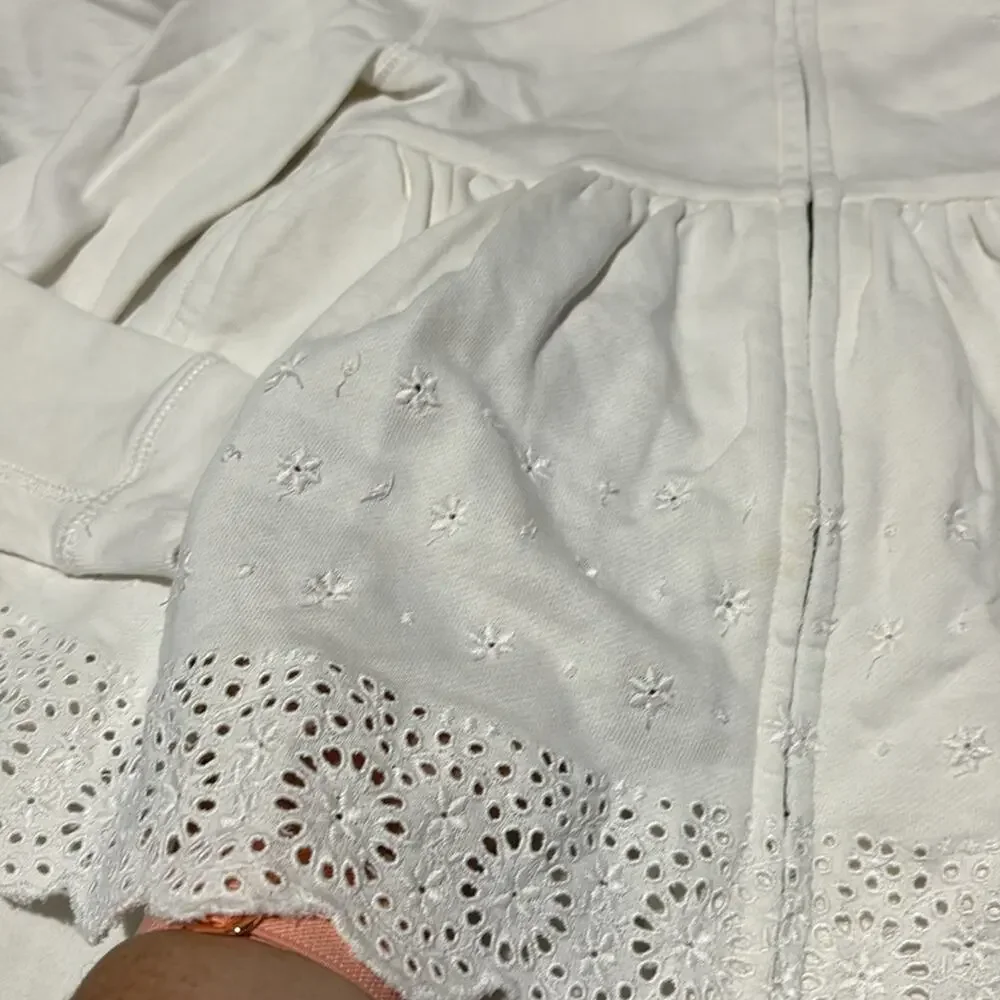 Ralph Lauren 6 white front zip hooded French Terry embroidered Eyelet detail euc